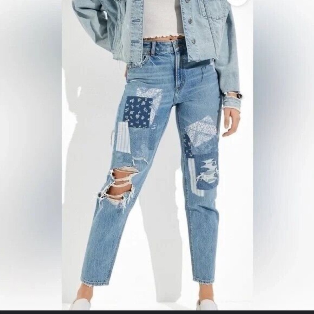 American Eagle Outfitters Blue Patchwork Straight Leg Jeans